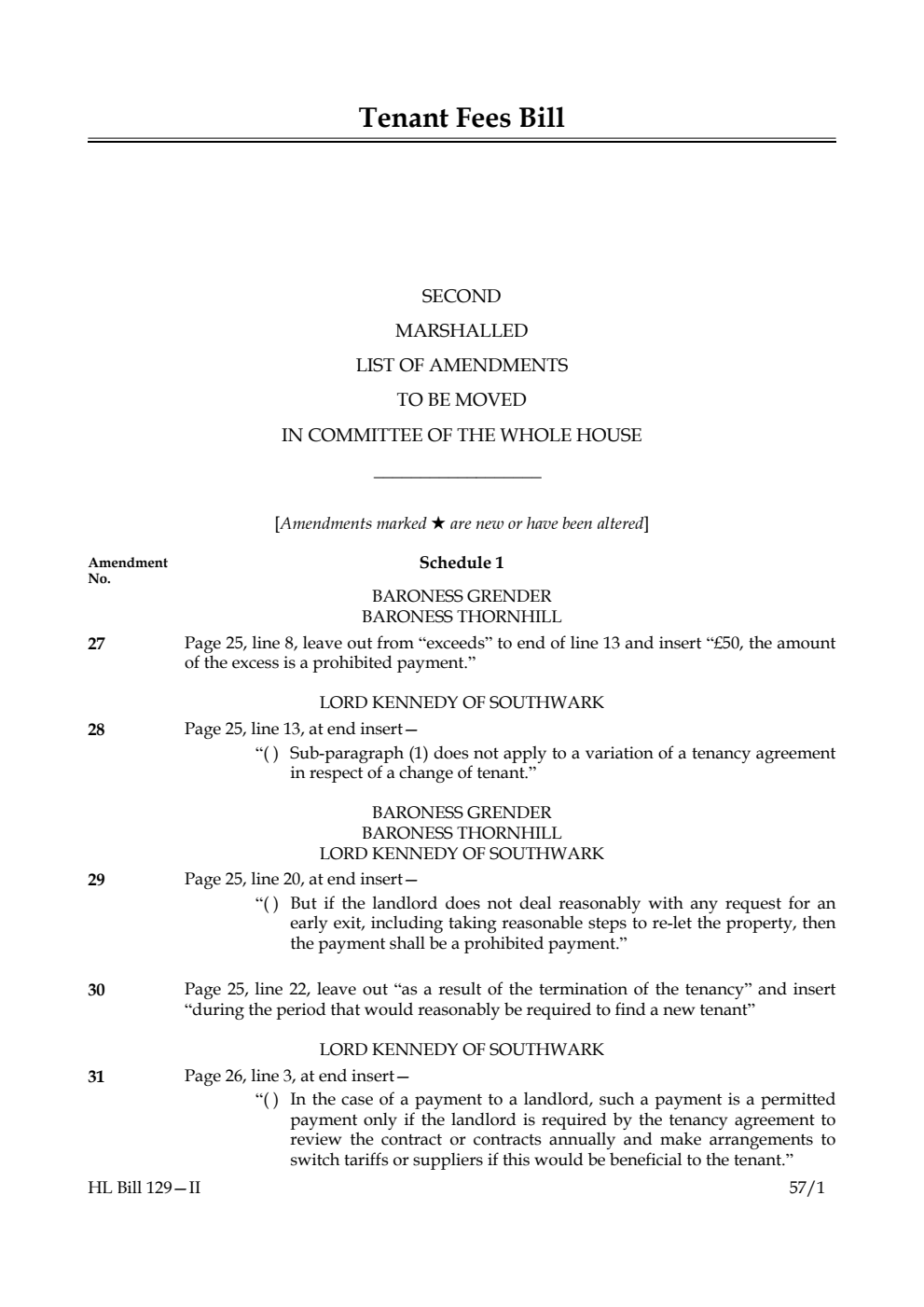 Tenant Fees Bill Second Marshalled List of Amendments to be moved in Committee of the Whole House