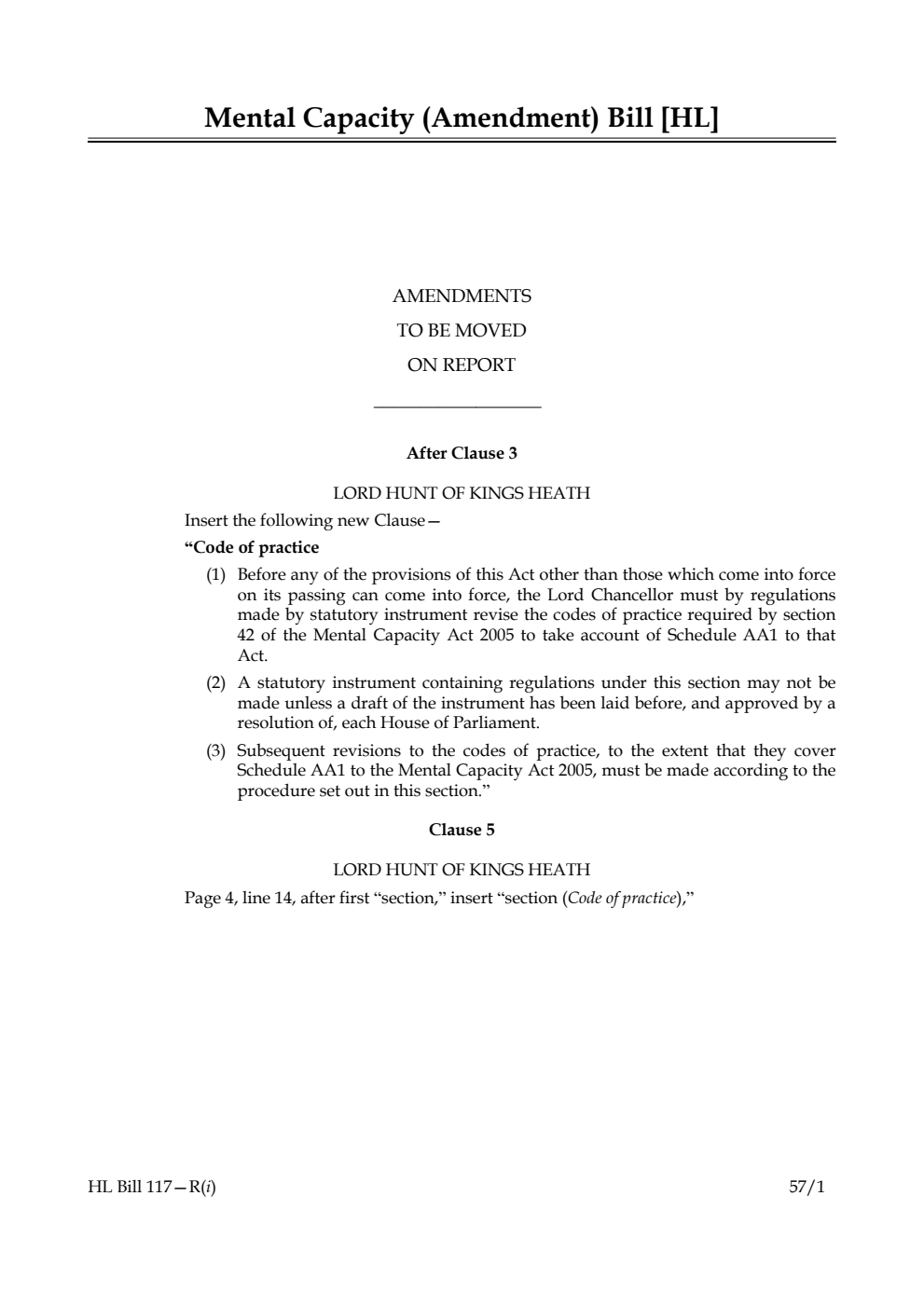 Mental Capacity (Amendment) Bill Amendments to be moved on report