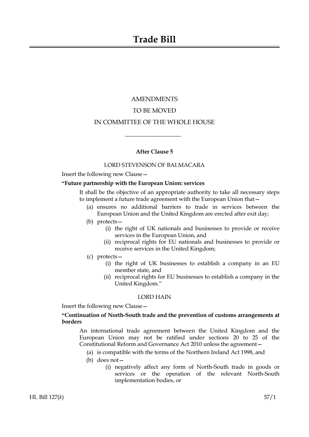 Trade Bill Amendments to be moved in Committee of the Whole House