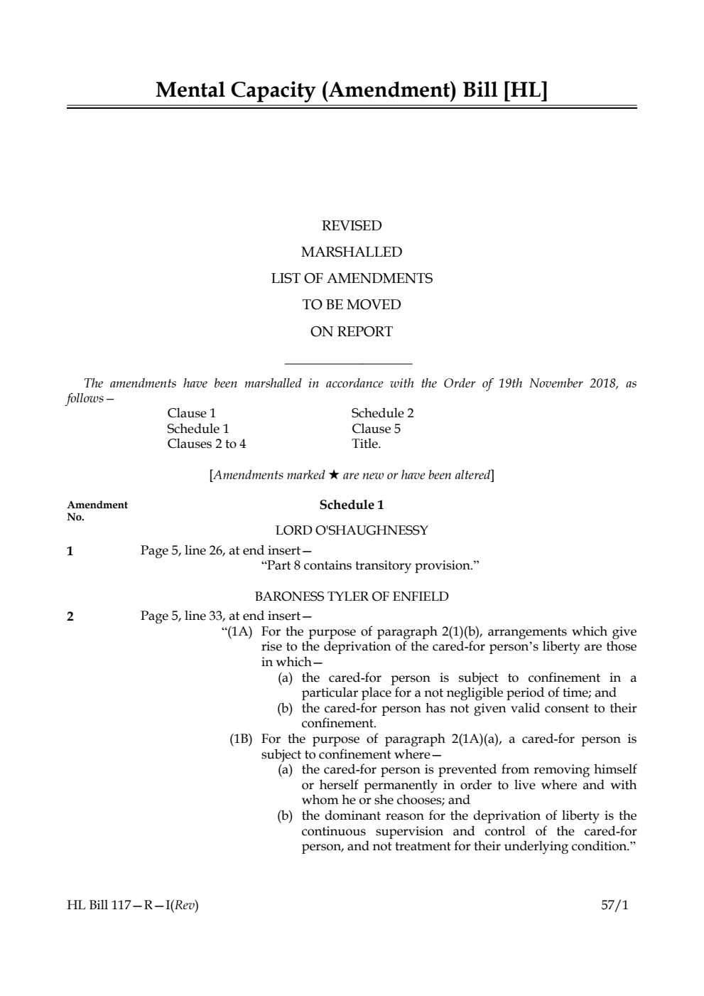 Mental Capacity (Amendment) Bill Revised Marshalled List of Amendments to be moved on report