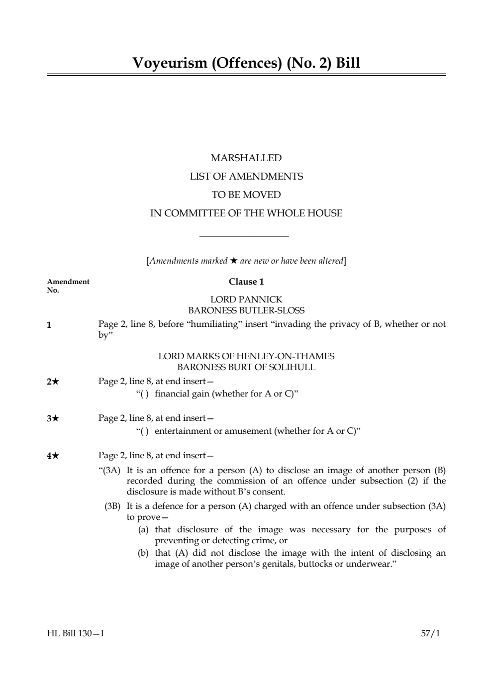 Voyeurism (Offences) (No. 2) Bill Marshalled List of Amendments to be moved in Committee of the Whole House