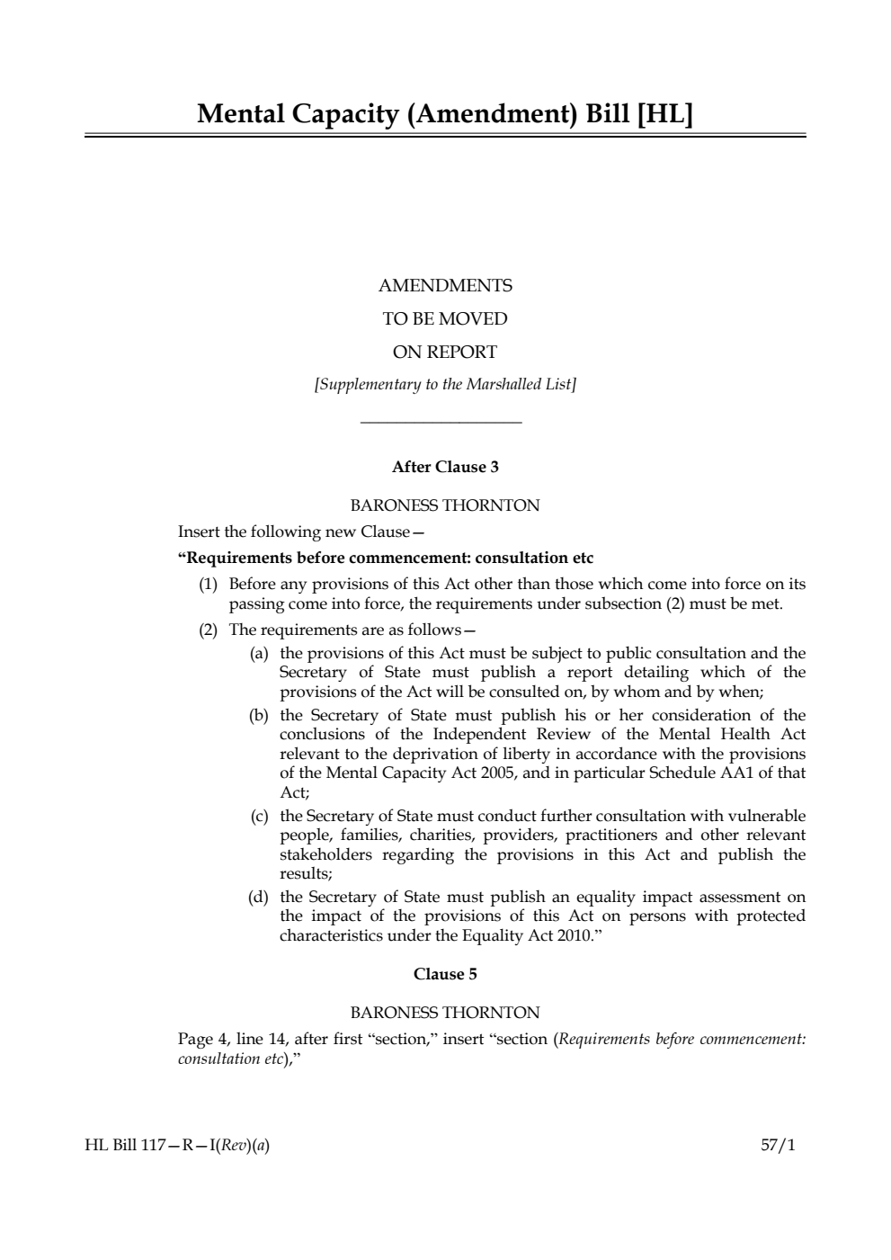 Mental Capacity (Amendment) Bill Amendments to be moved on report [Supplementary to the Marshalled List]
