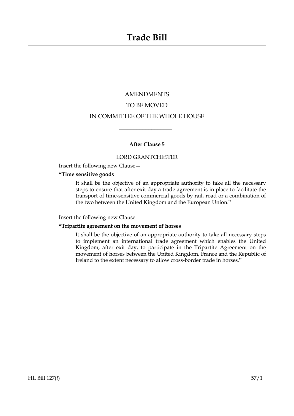 Trade Bill Amendments to be moved in Committee of the Whole House