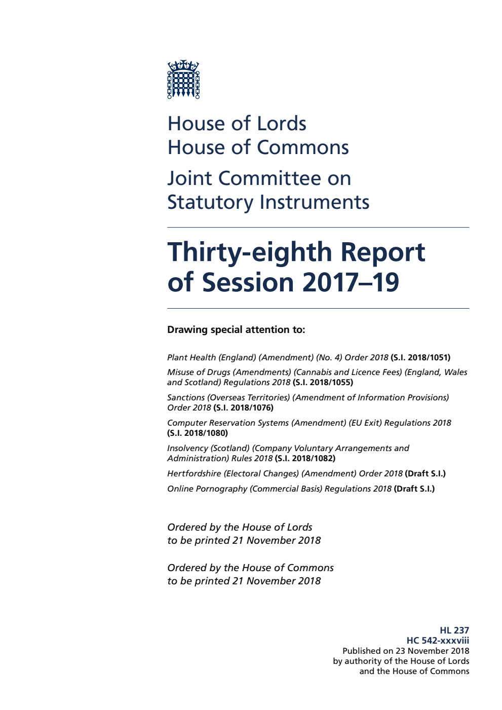 Joint Committee on Statutory Instruments 38th Report of Session 2017–19