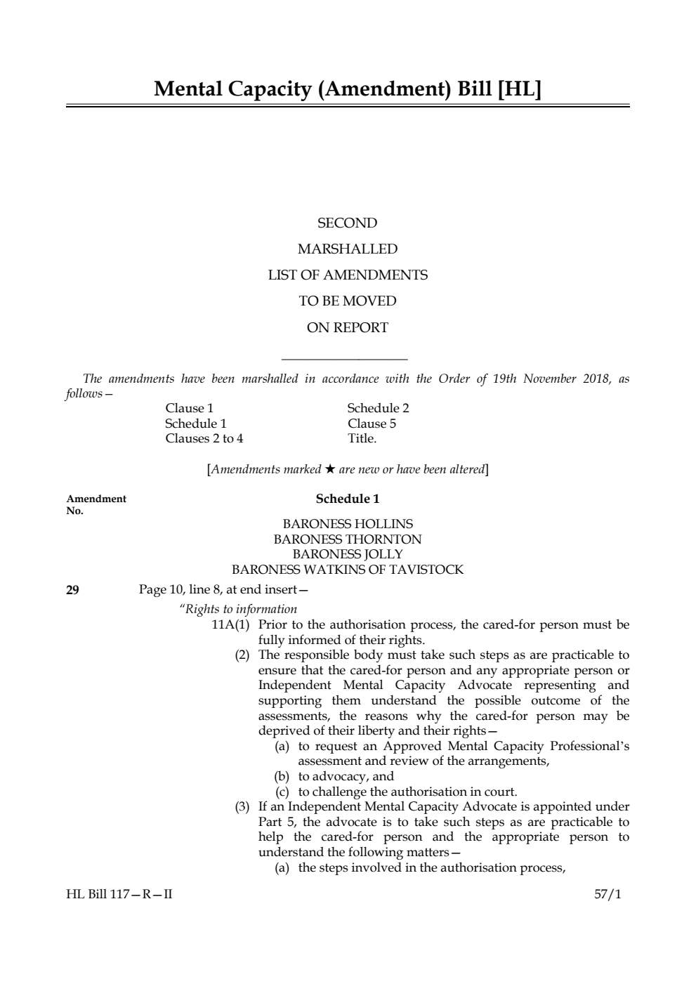 Mental Capacity (Amendment) Bill Second Marshalled List of amendments to be moved on report