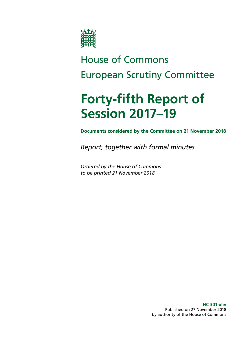 European Scrutiny Committee 45th Report of Session 2017–19