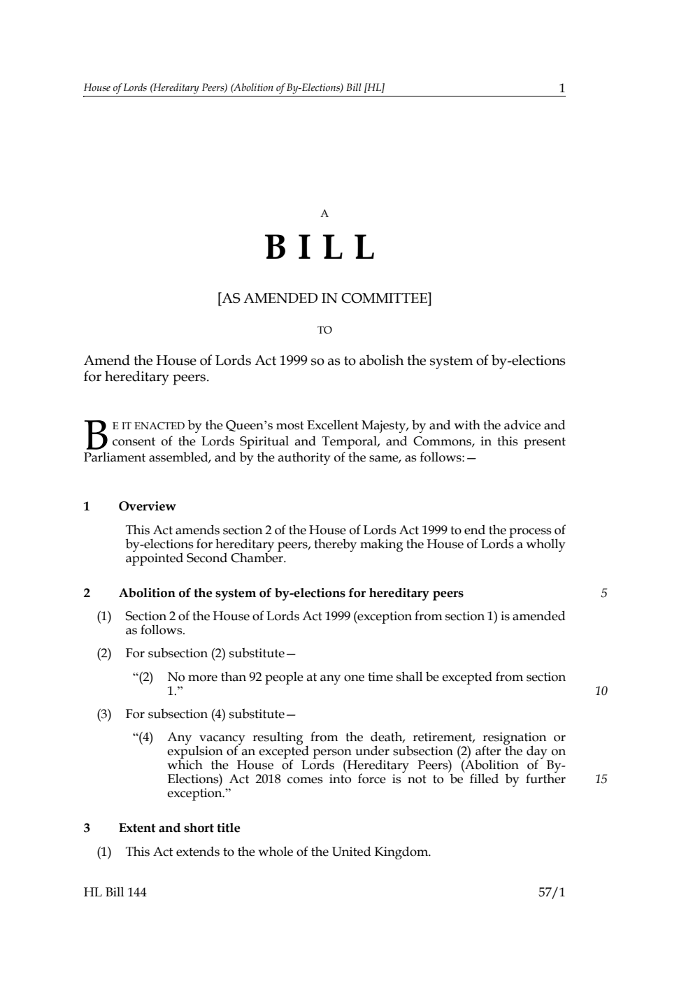 House of Lords (Hereditary Peers) (Abolition of By-Elections) Bill [as amended in Committee]