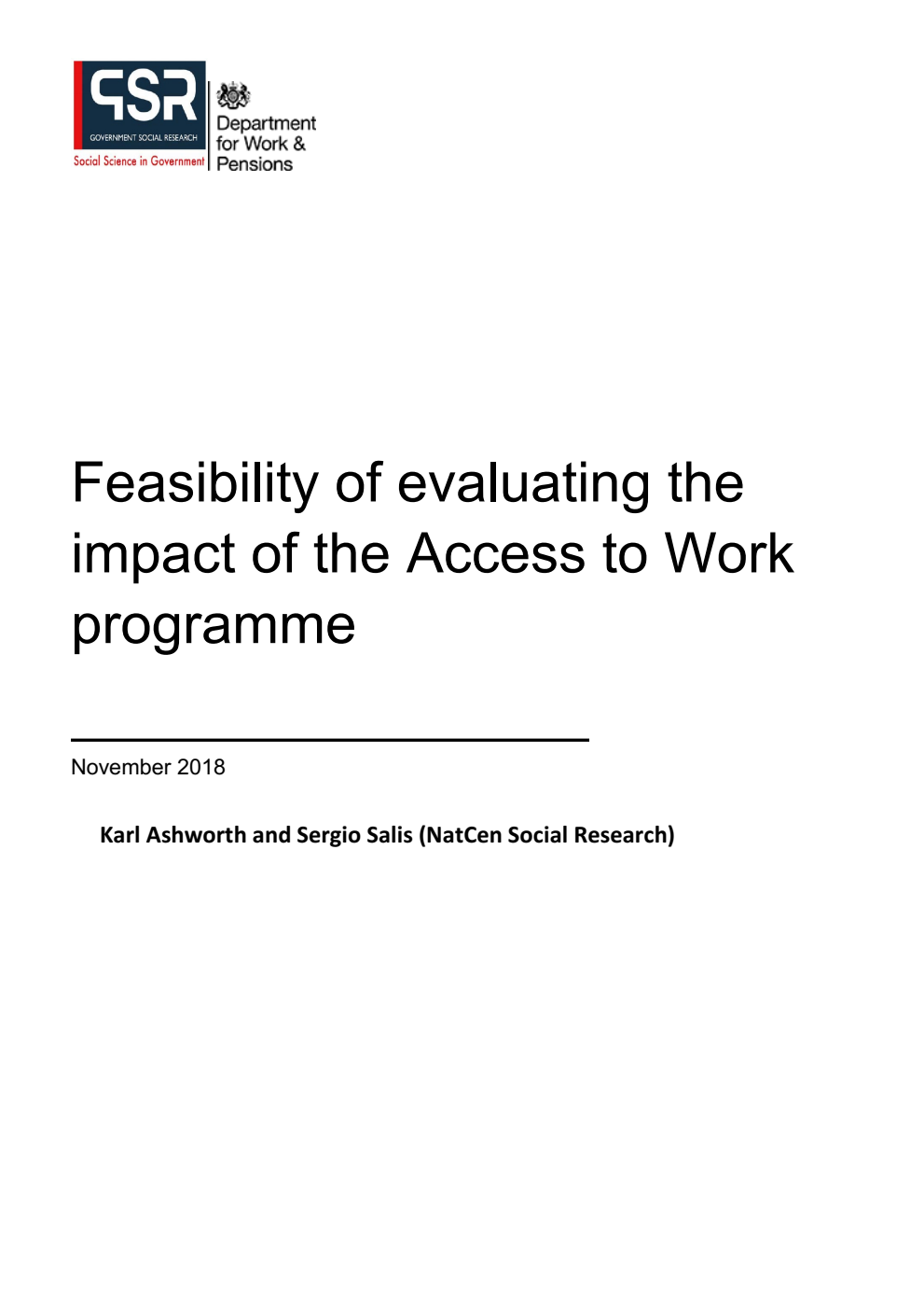 Research Report 968 Feasibility of evaluating the impact of the Access to Work programme, November 2018