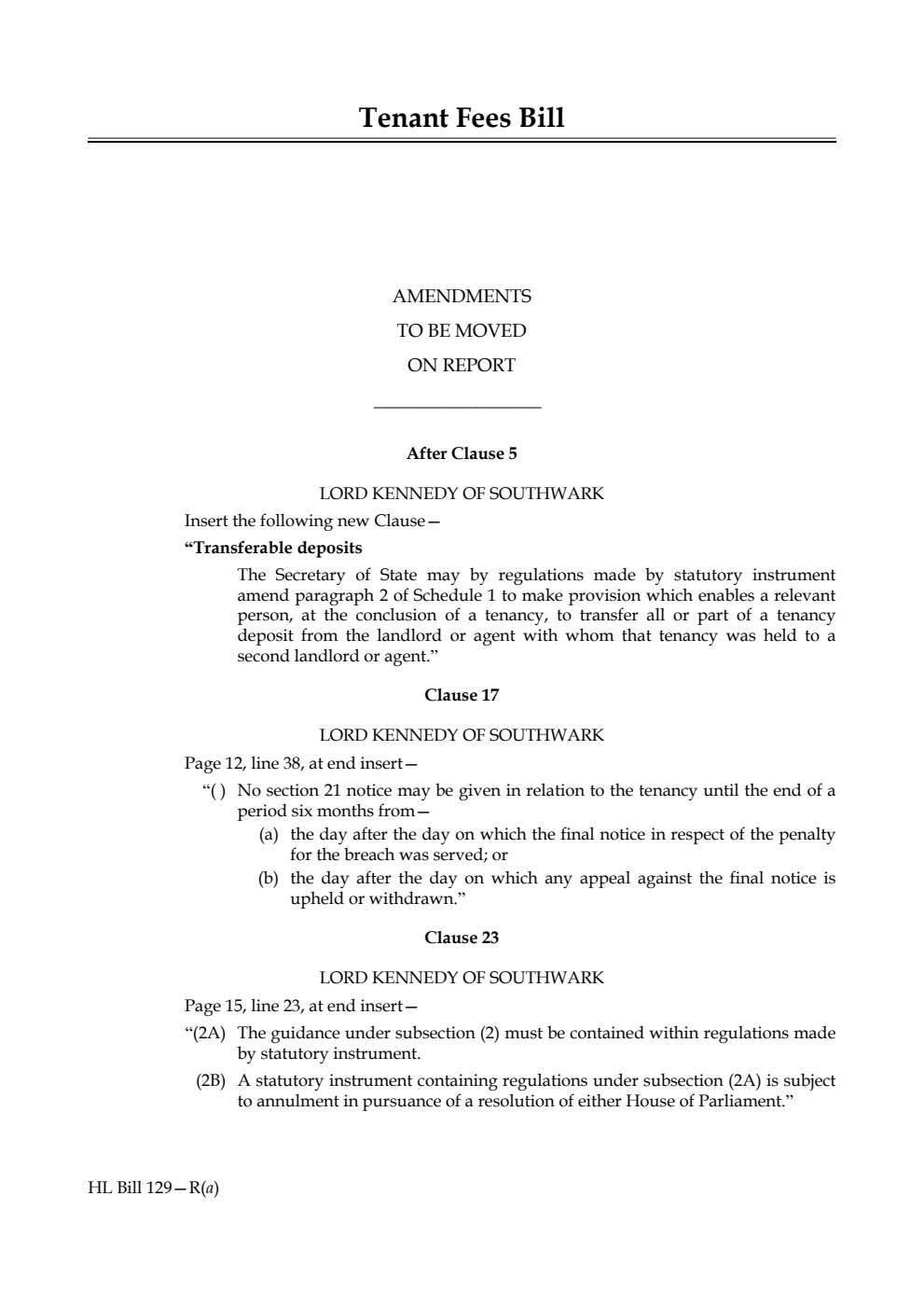 Tenant Fees Bill Amendments to be moved on report