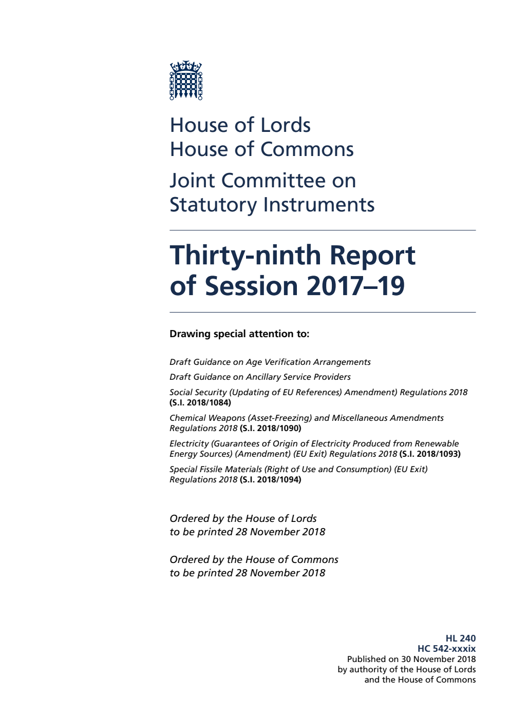 Joint Committee on Statutory Instruments 39th Report of Session 2017–19