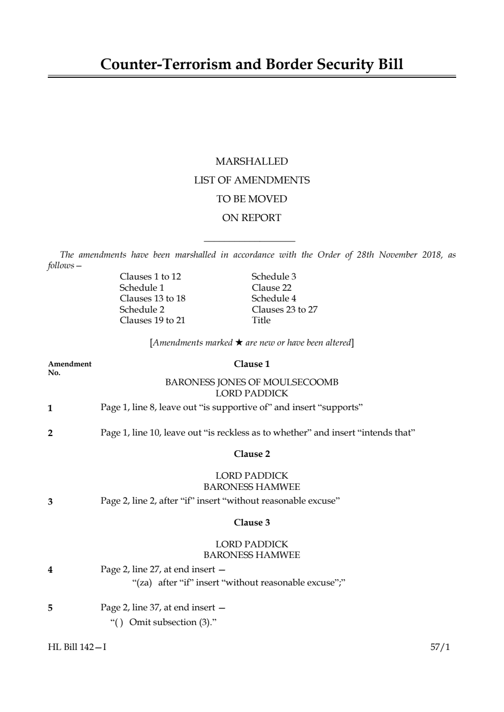 Counter-Terrorism and Border Security Bill  Marshalled List of Amendments to be moved on report
