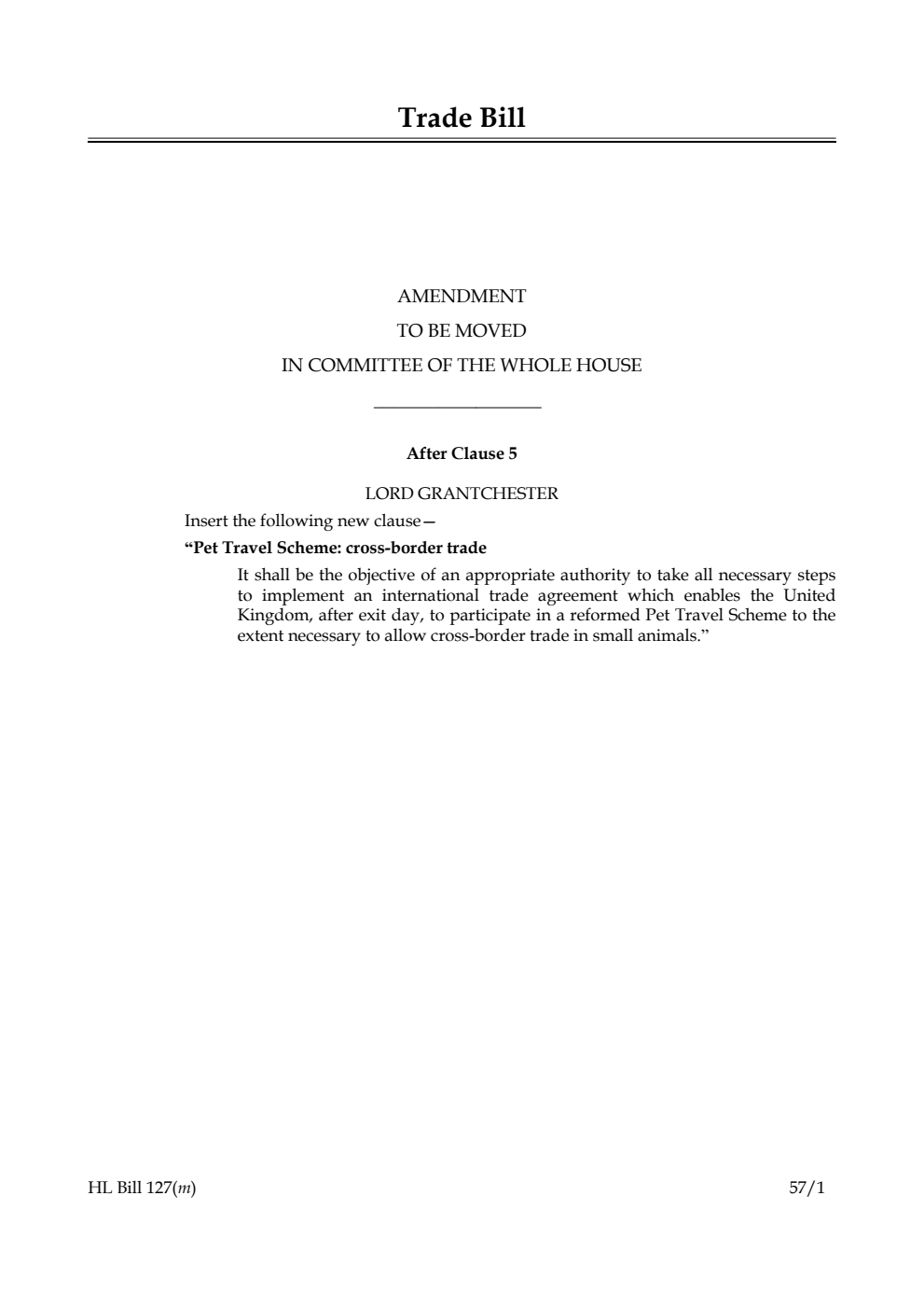 Trade Bill Amendments to be moved in Committee of the Whole House