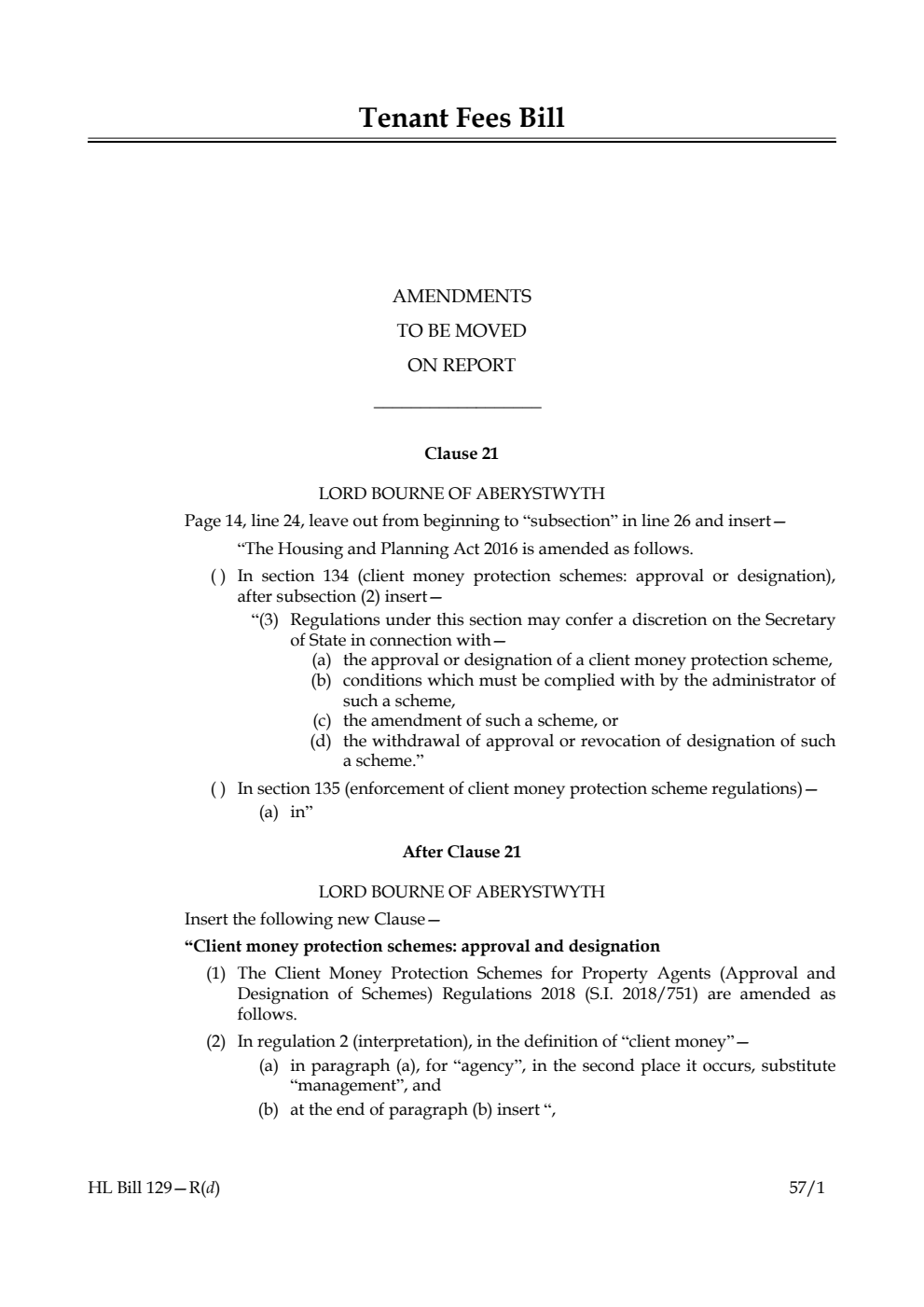 Tenant Fees Bill Amendments to be moved on report