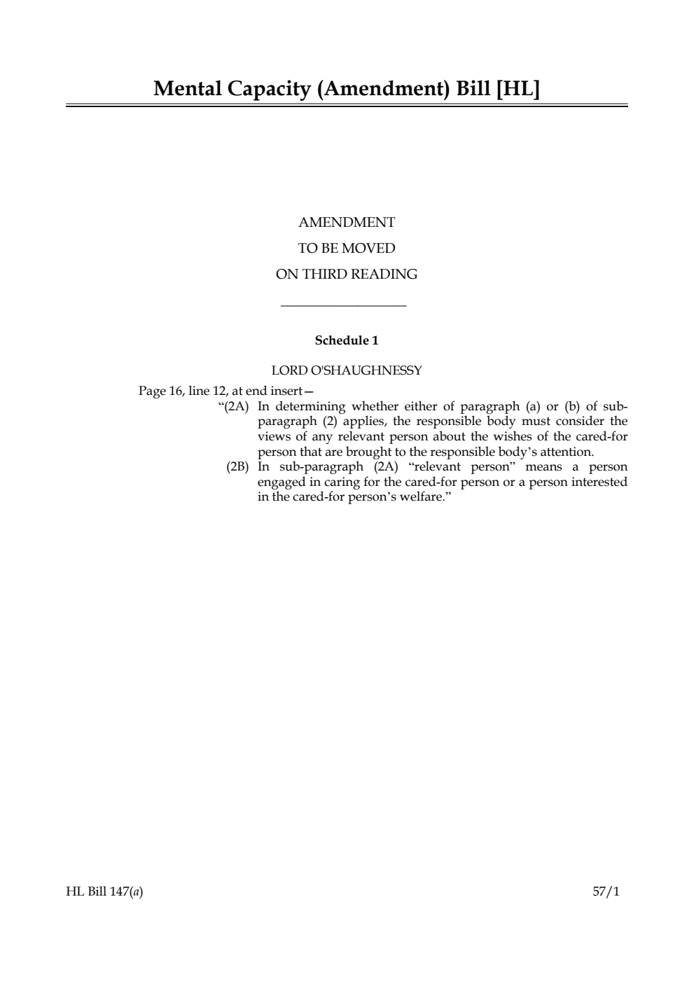 Mental Capacity (Amendment) Bill Amendment to be moved on third reading