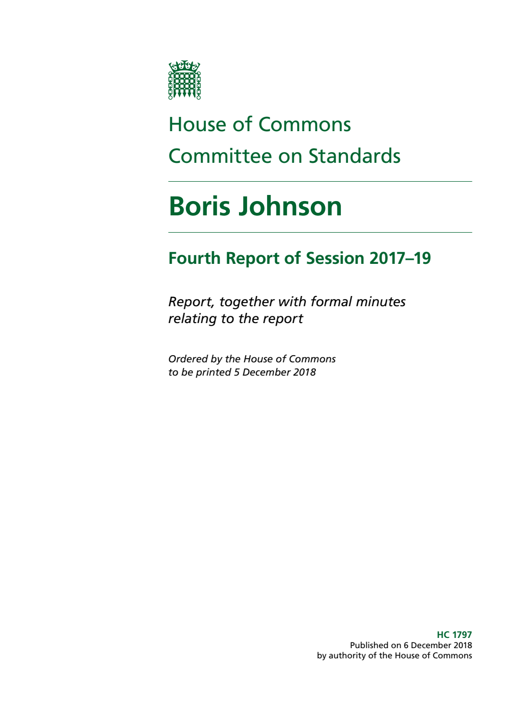 Standards Committee 4th Report. Boris Johnson Volume 1. Report