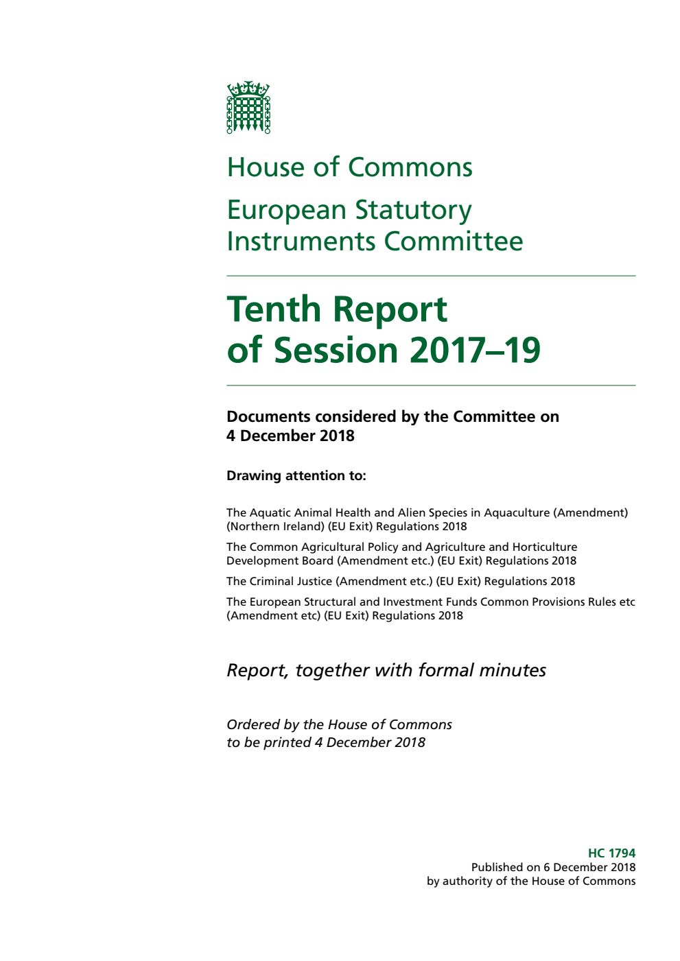 European Statutory Instruments Committee 10th Report of Session 2017-19