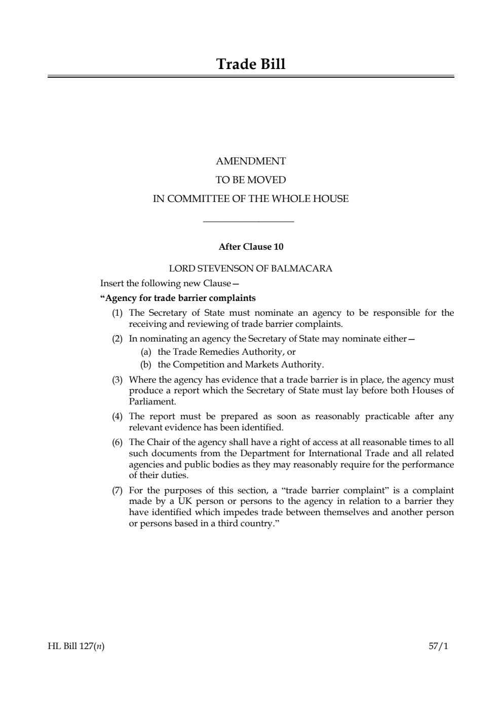 Trade Bill Amendment to be moved in Committee of the Whole House