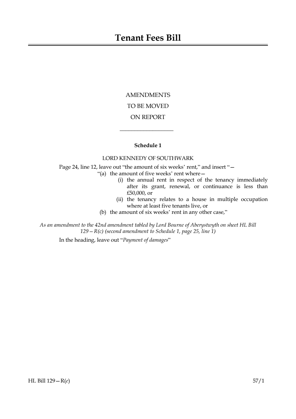 Tenant Fees Bill Amendments to be moved on report