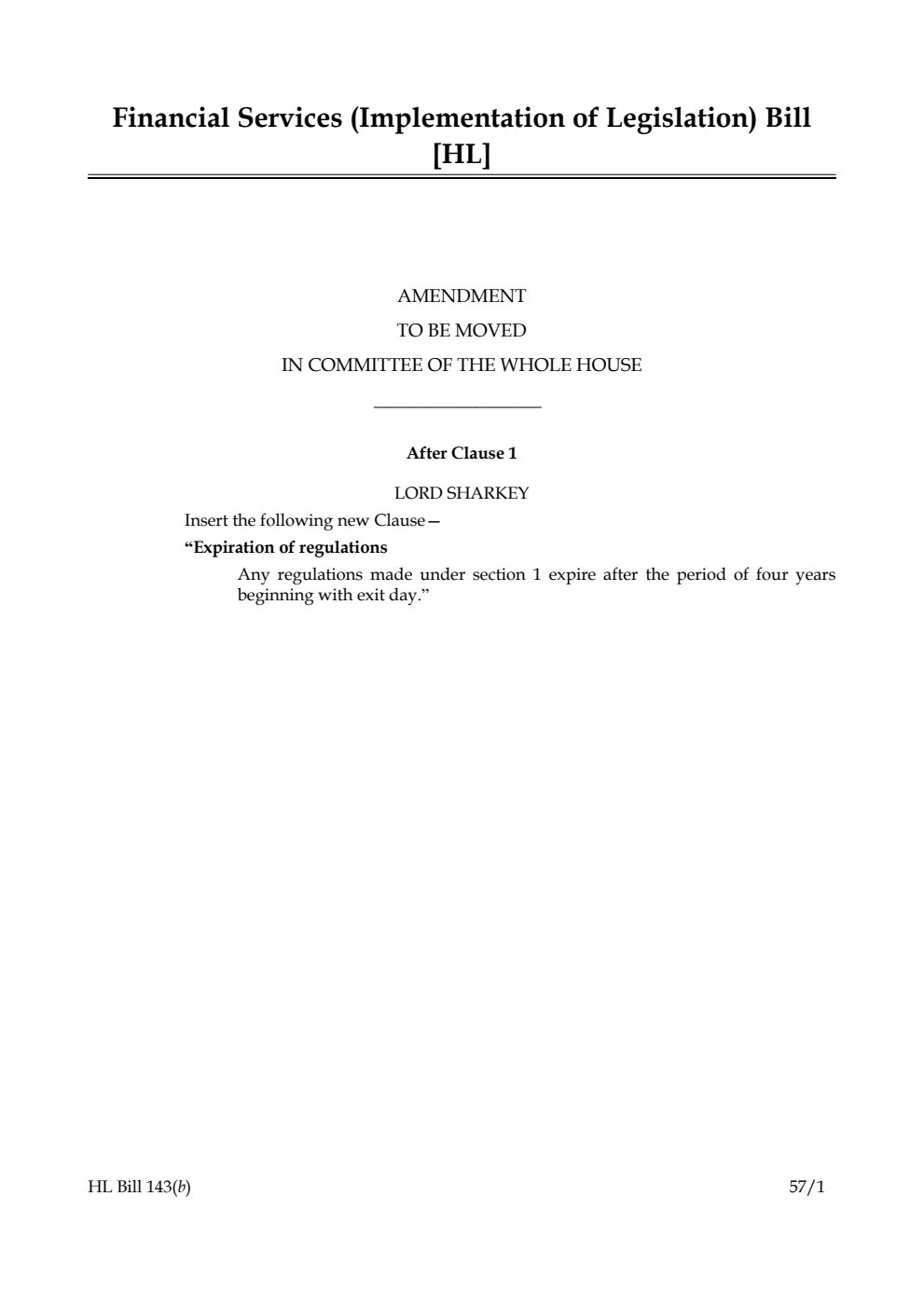 Financial Services (Implementation of Legislation) Bill Amendment to be moved in Committee of the Whole House