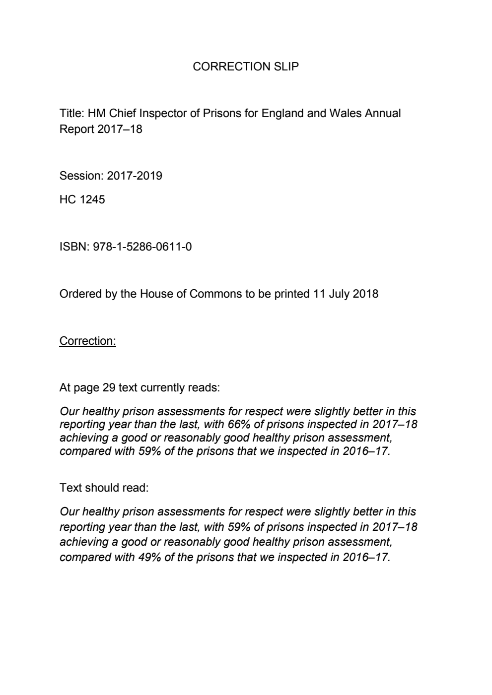 HM Chief Inspector of Prisons for England and Wales Annual Report 2017–18. Correction Slip, December 2018