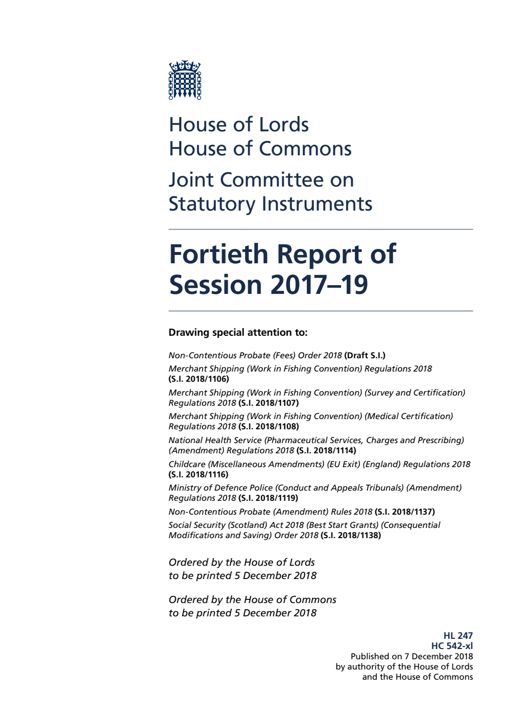 Joint Committee on Statutory Instruments 40th Report of Session 2017–19