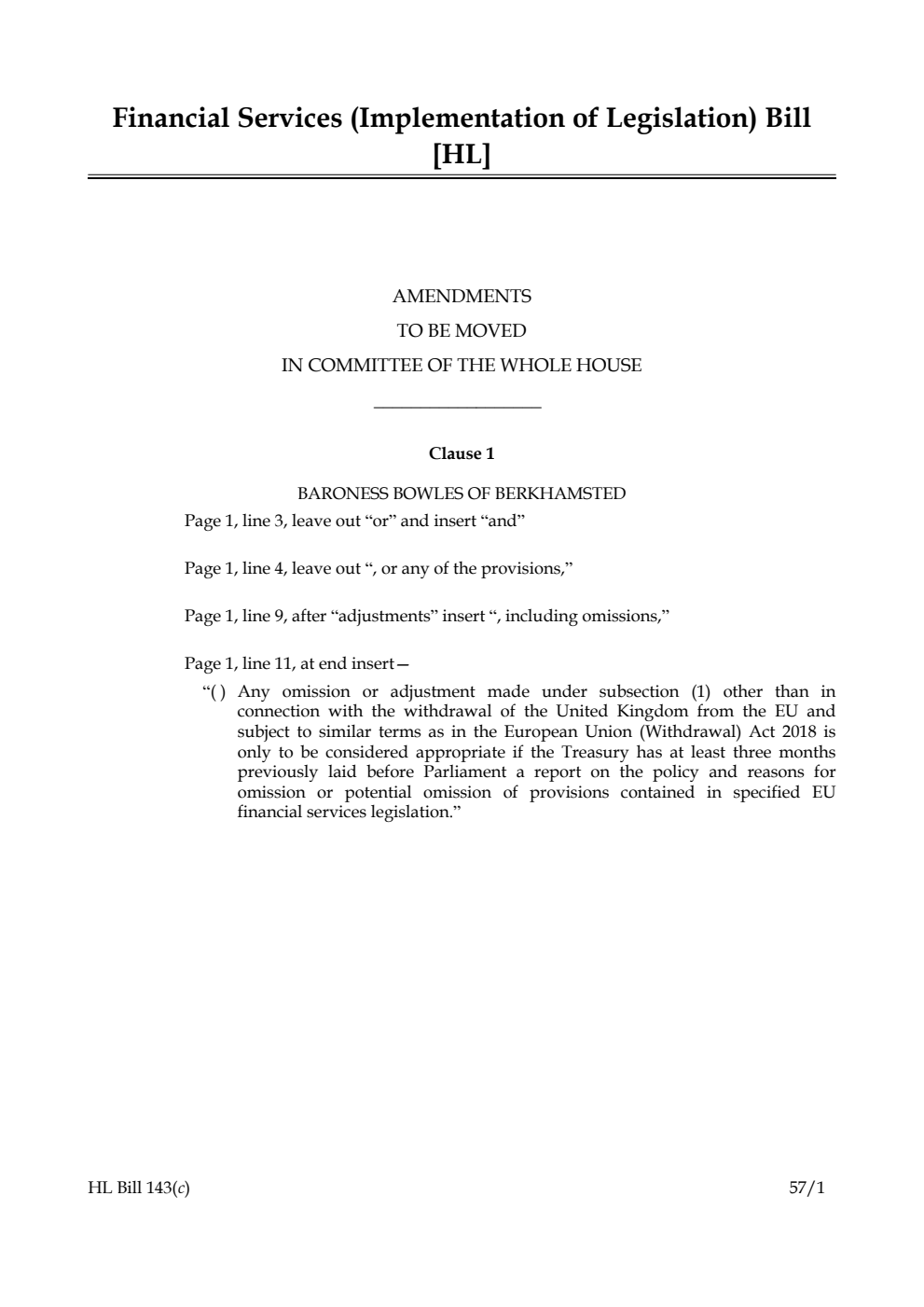 Financial Services (Implementation of Legislation) Bill Amendments to be moved in Committee of the Whole House