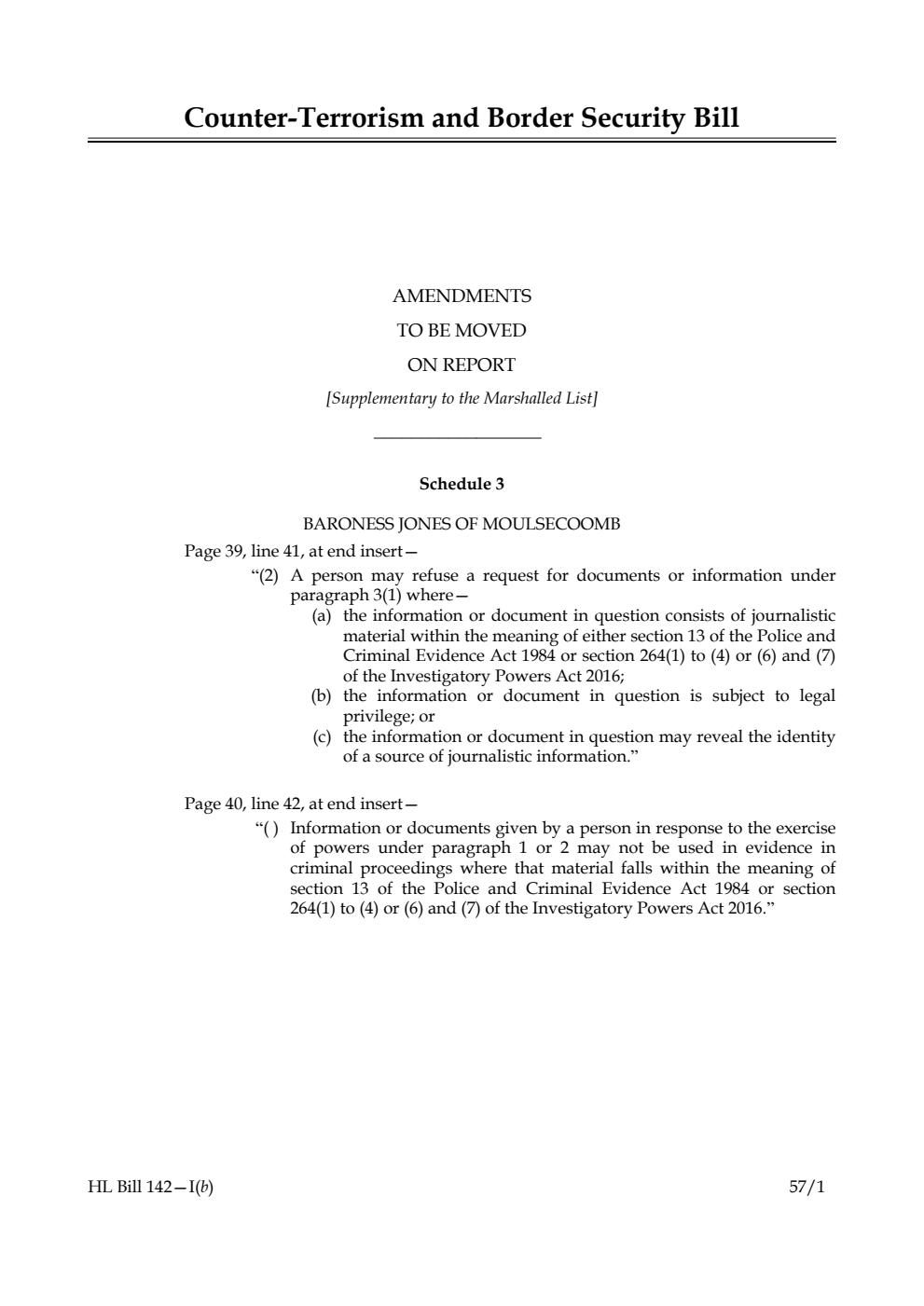Counter-Terrorism and Border Security Bill  Amendments to be moved on report [Supplementary to the Marshalled List]