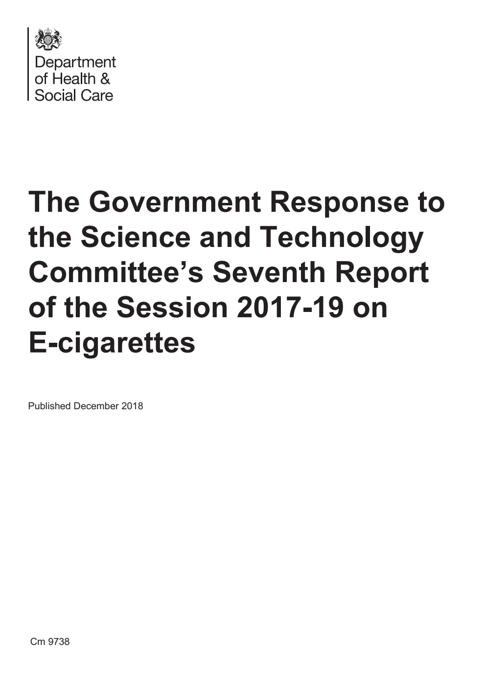 The Government Response to the Science and Technology Committee’s Seventh Report of the Session 2017-19 on E-cigarettes