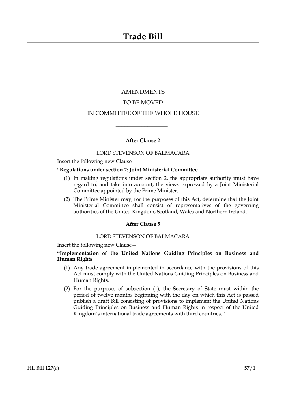 Trade Bill Amendments to be moved in Committee of the Whole House