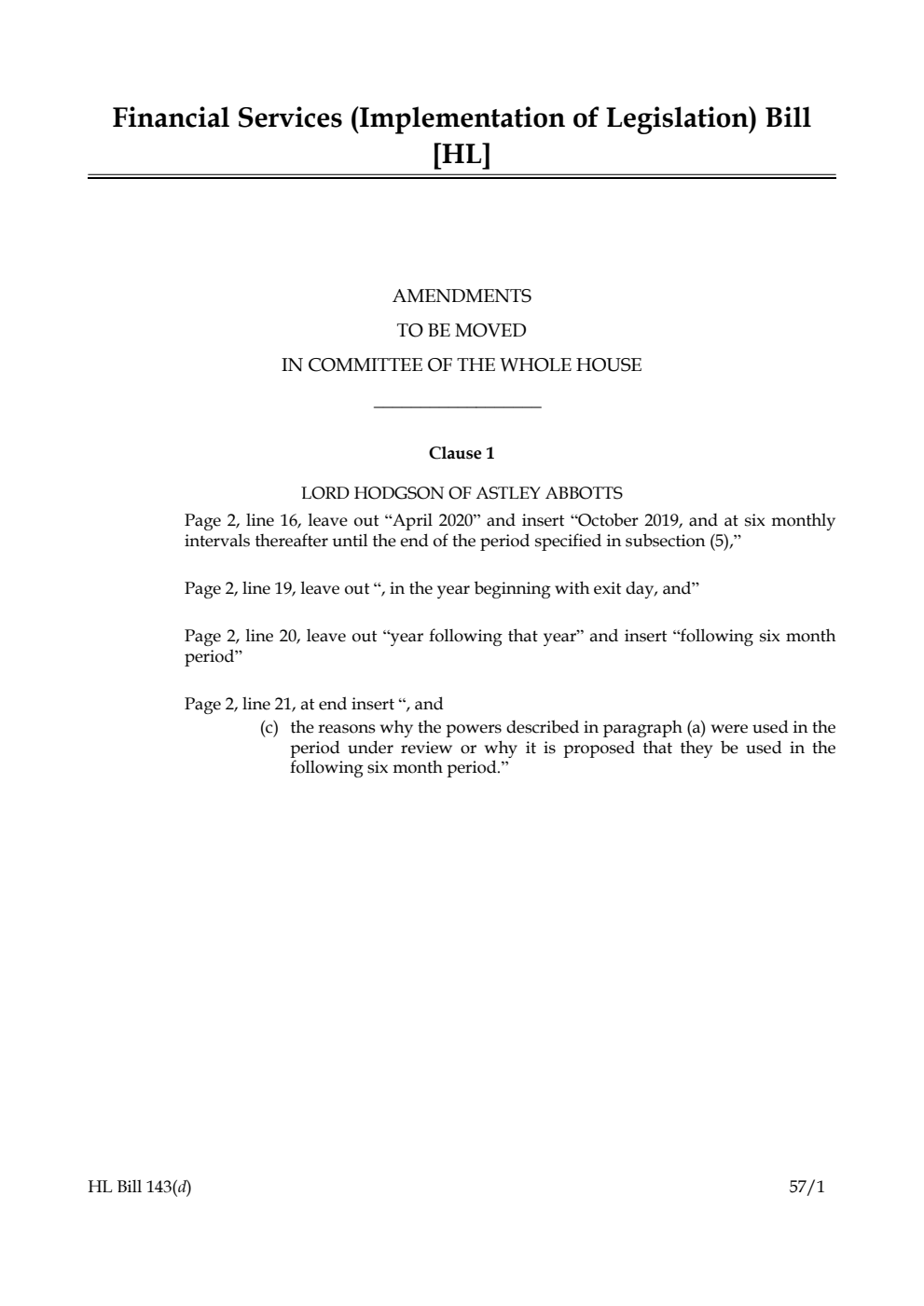 Financial Services (Implementation of Legislation) Bill Amendments to be moved in Committee of the Whole House