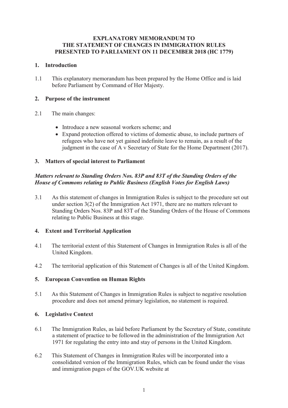 Explanatory Memorandum to the Statement of Changes in Immigration Rules
