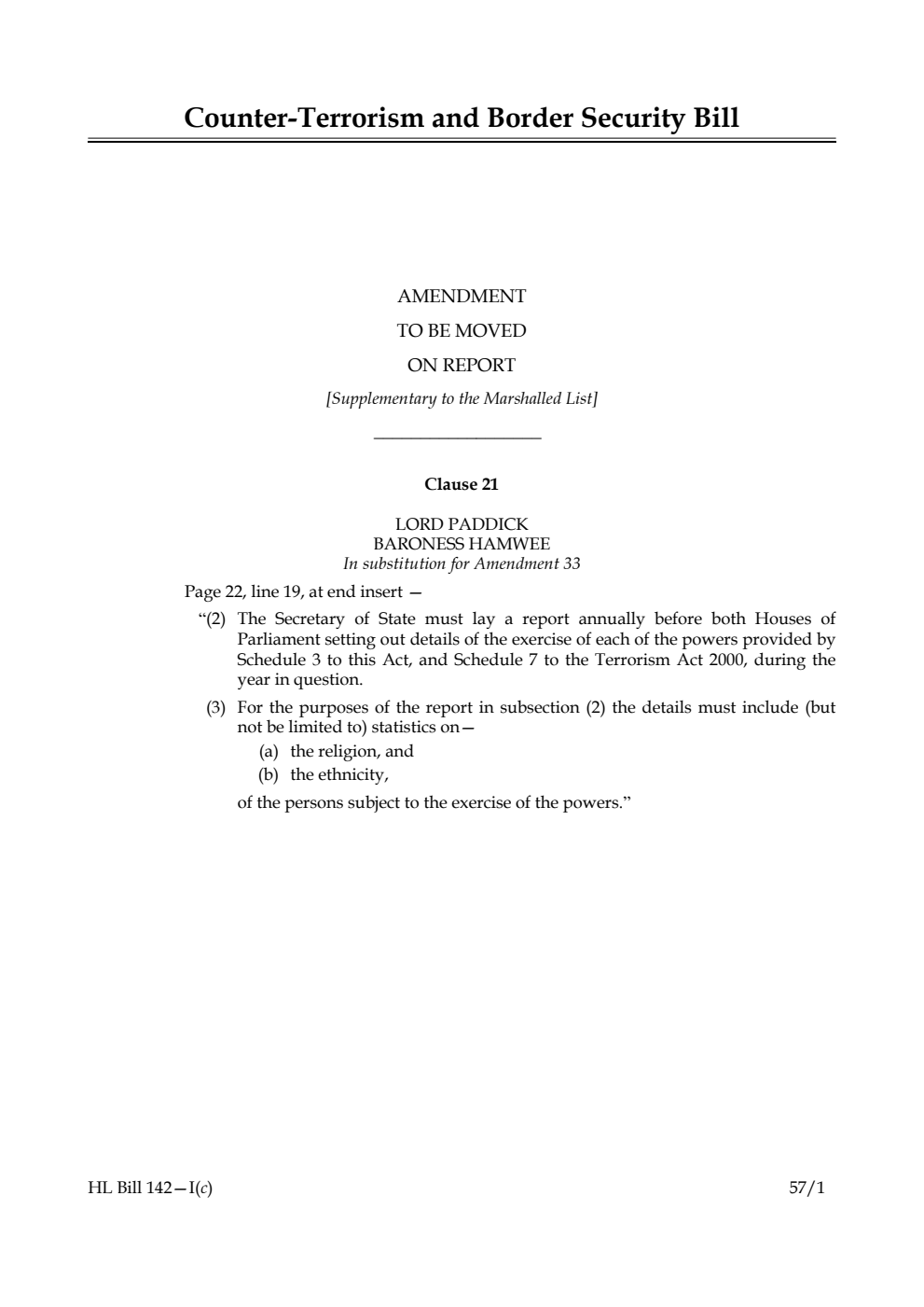 Counter-Terrorism and Border Security Bill  Amendment to be moved on report [Supplementary to the Marshalled List]