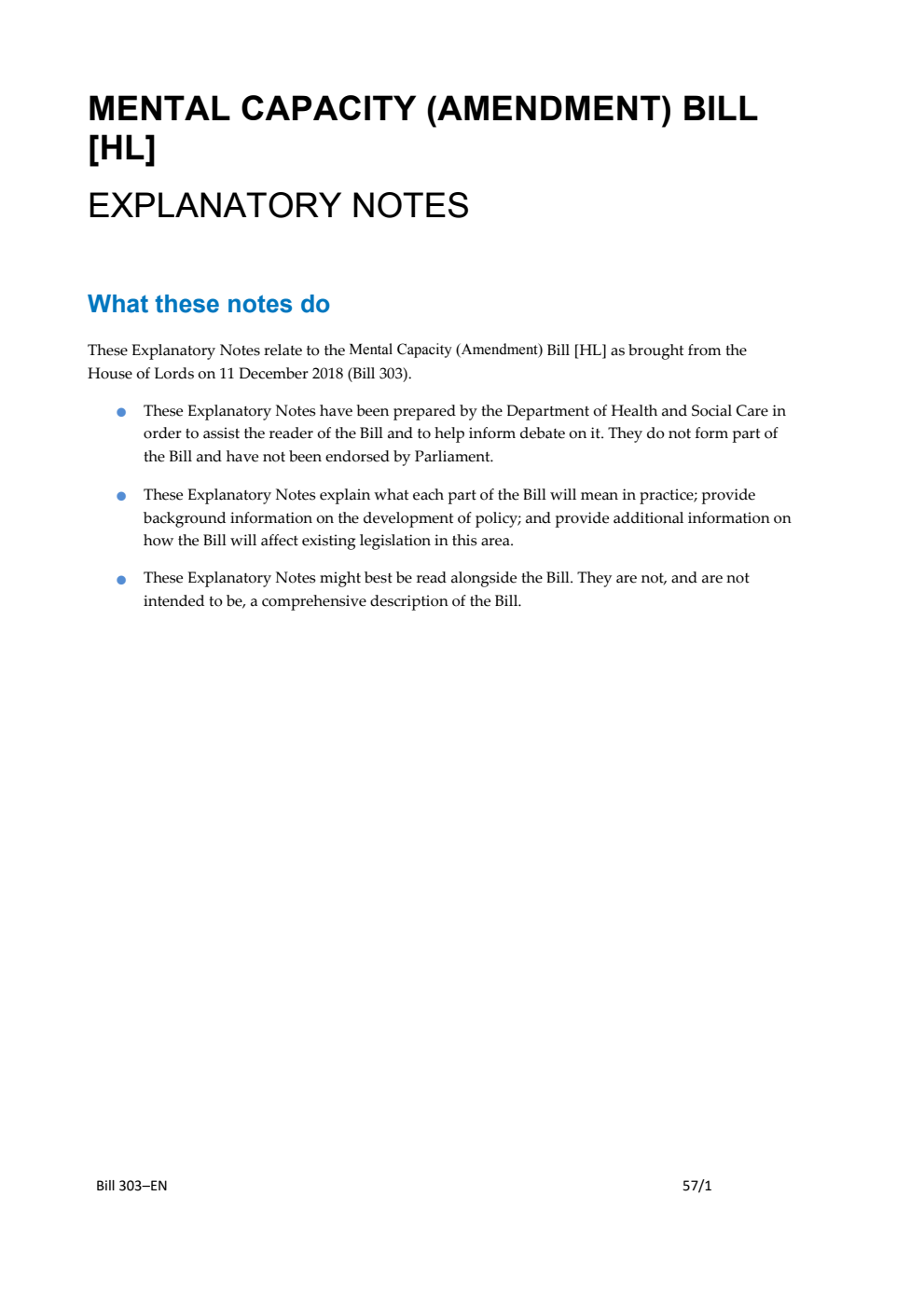 Mental Capacity (Amendment) Bill Explanatory Notes