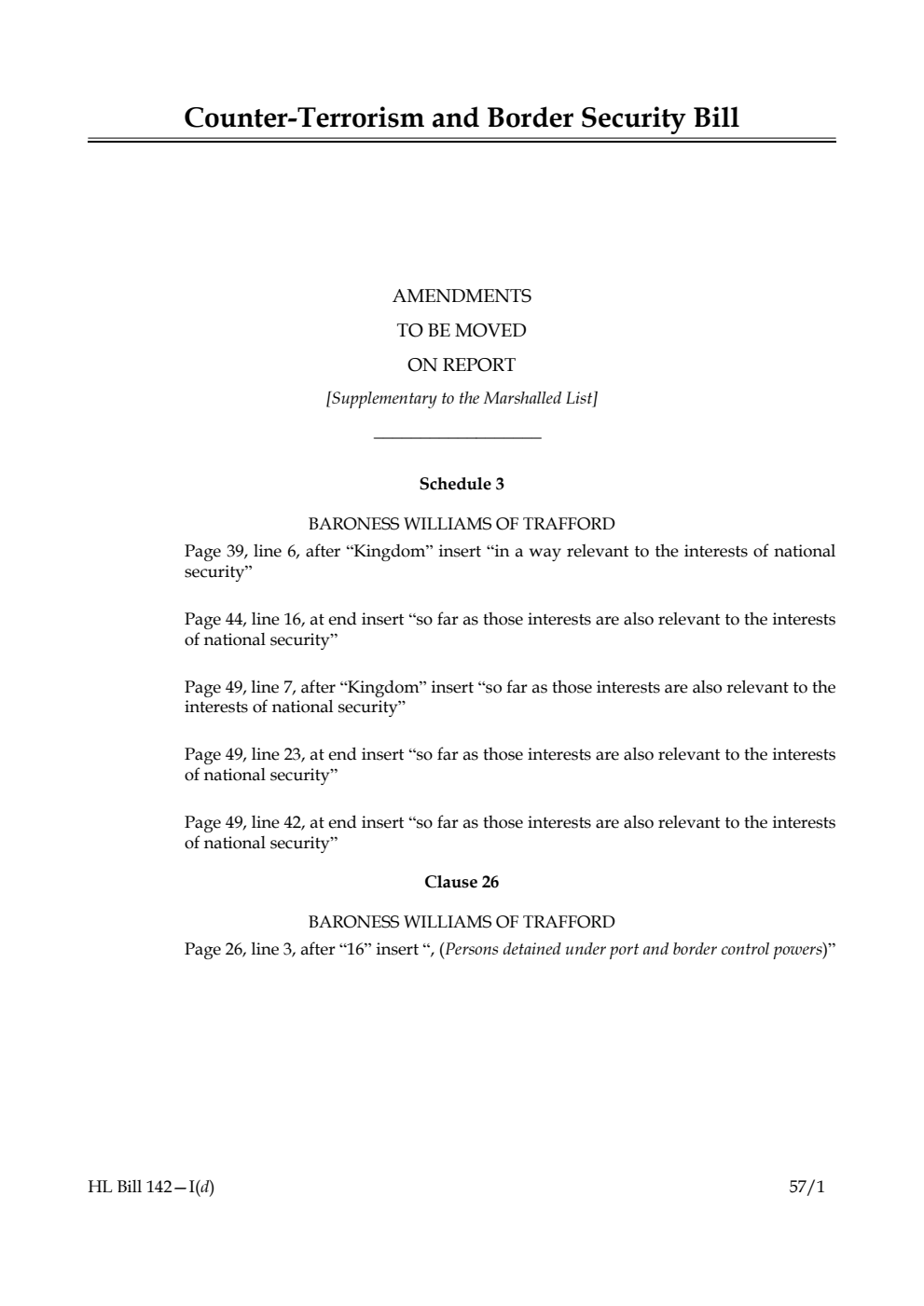 Counter-Terrorism and Border Security Bill  Amendments to be moved on report [Supplementary to the Marshalled List]