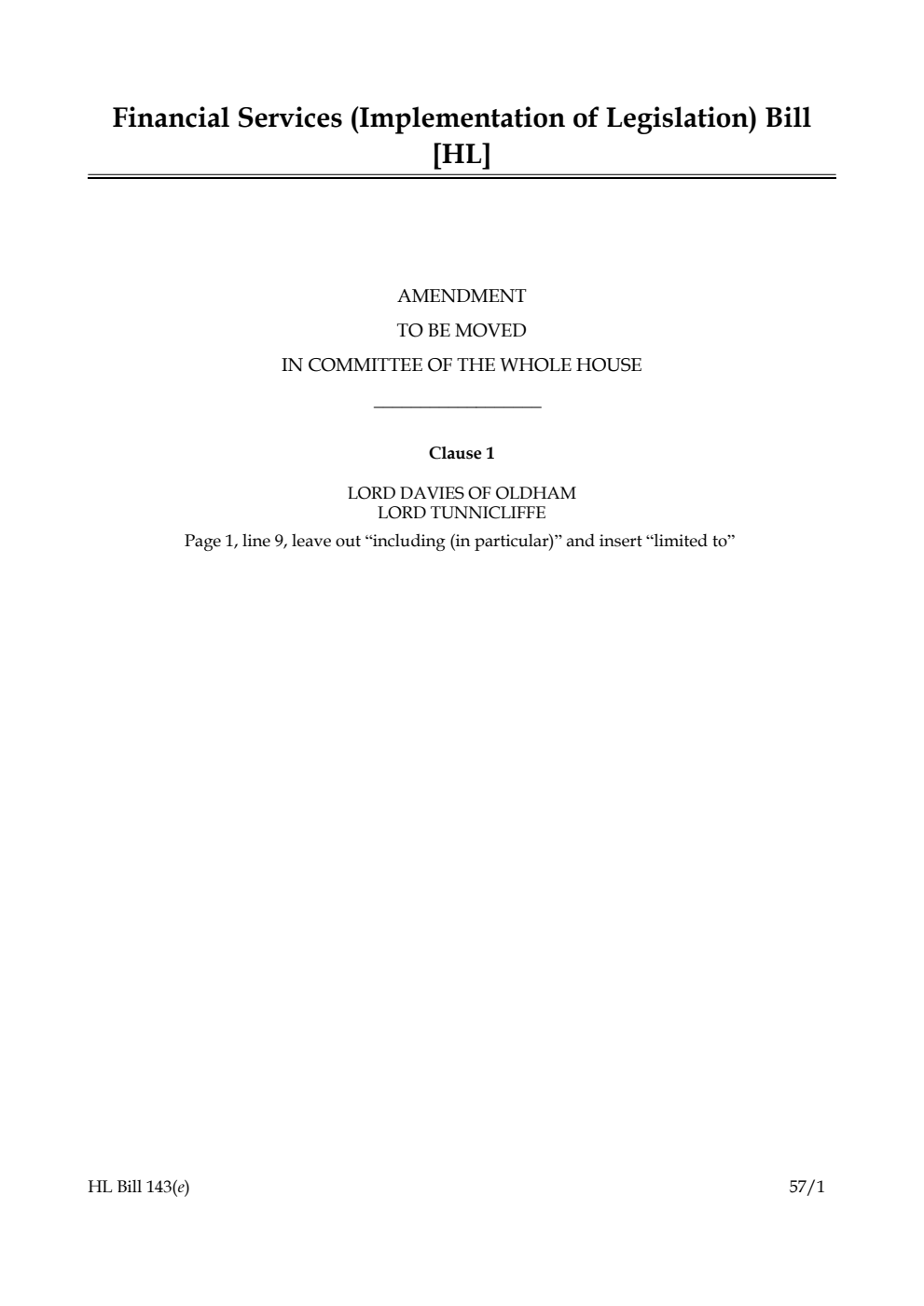 Financial Services (Implementation of Legislation) Bill Amendment to be moved in Committee of the Whole House