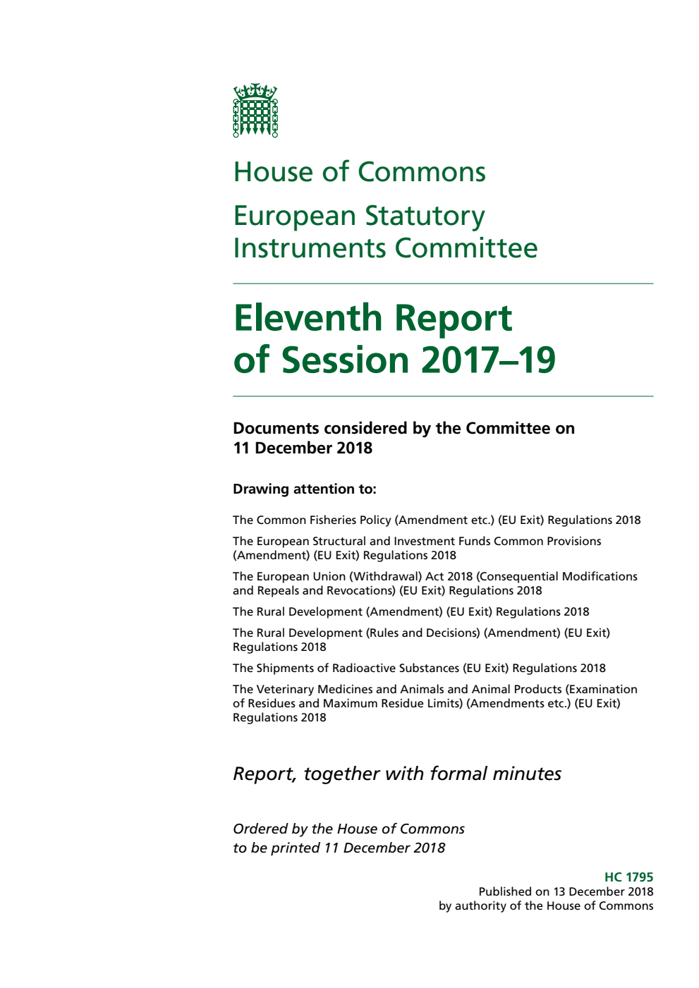 European Statutory Instruments Committee 11th Report of Session 2017-19
