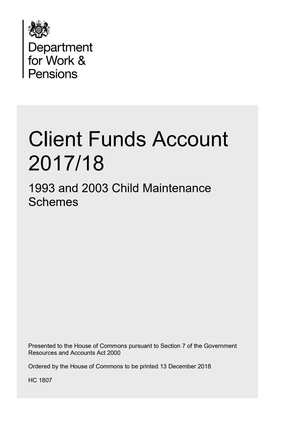 Client Funds Account 2017/18: 1993 and 2003 Child Maintenance Schemes