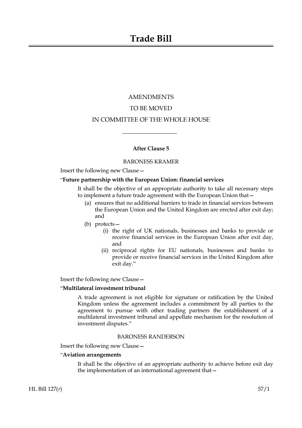 Trade Bill Amendments to be moved in Committee of the Whole House