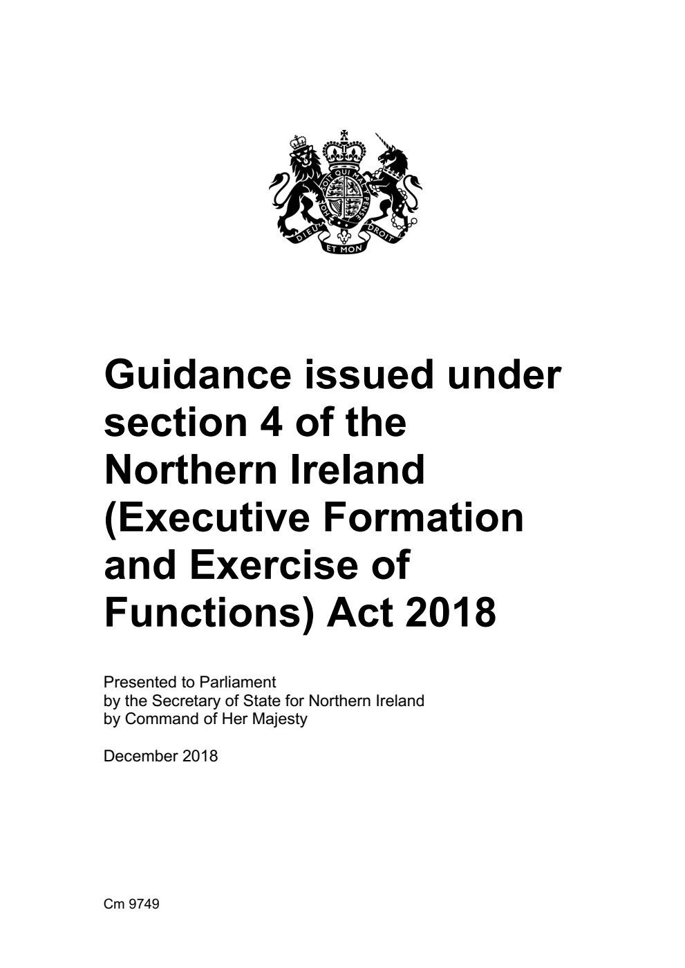 Guidance issued under section 4 of the Northern Ireland (Executive Formation and Exercise of Functions) Act 2018