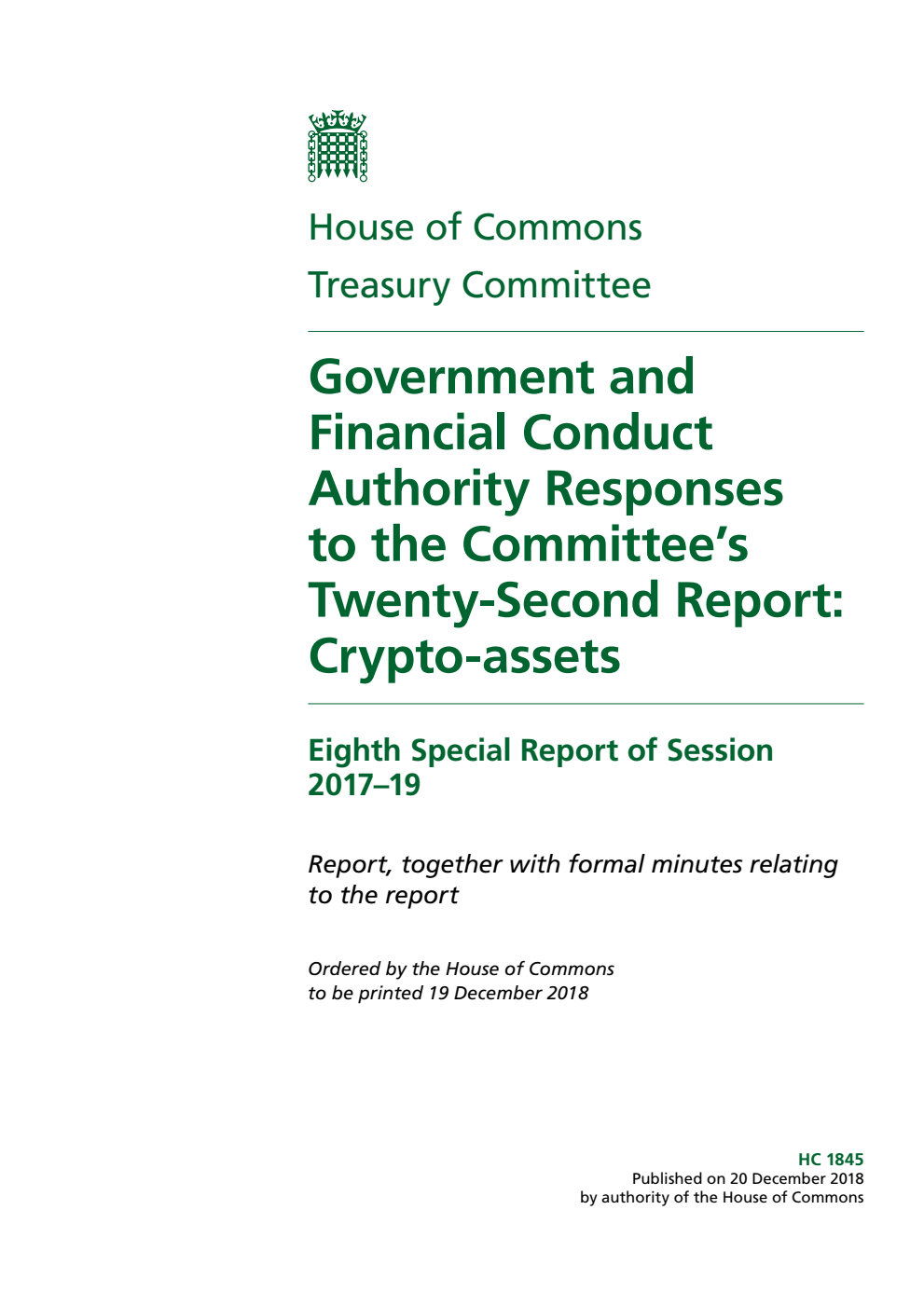 Treasury Committee 8th Special Report. Government and Financial Conduct Authority Responses to the Committee’s Twenty-Second Report: Crypto-assets