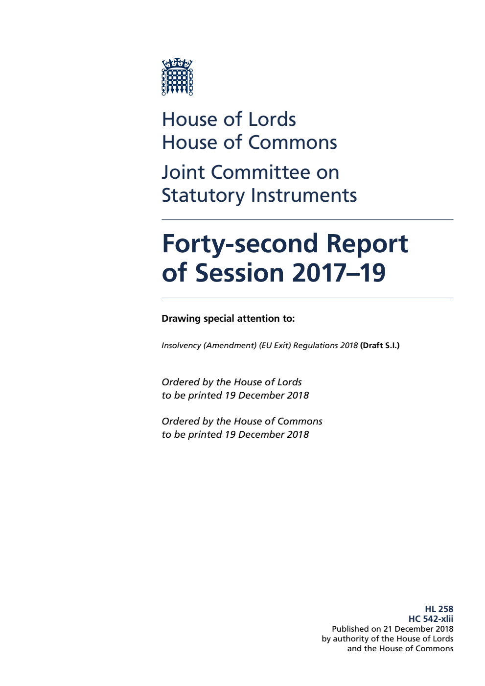 Joint Committee on Statutory Instruments 42nd Report of Session 2017–19