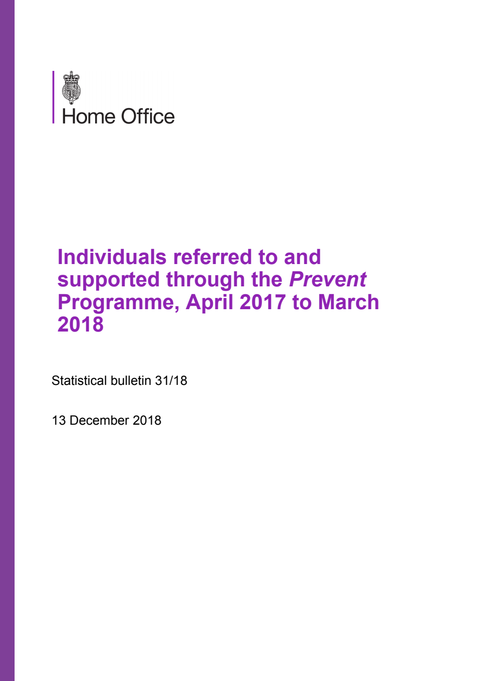 Home Office Statistical Bulletin 31/18 Individuals referred to and supported through the Prevent Programme, April 2017 to March 2018