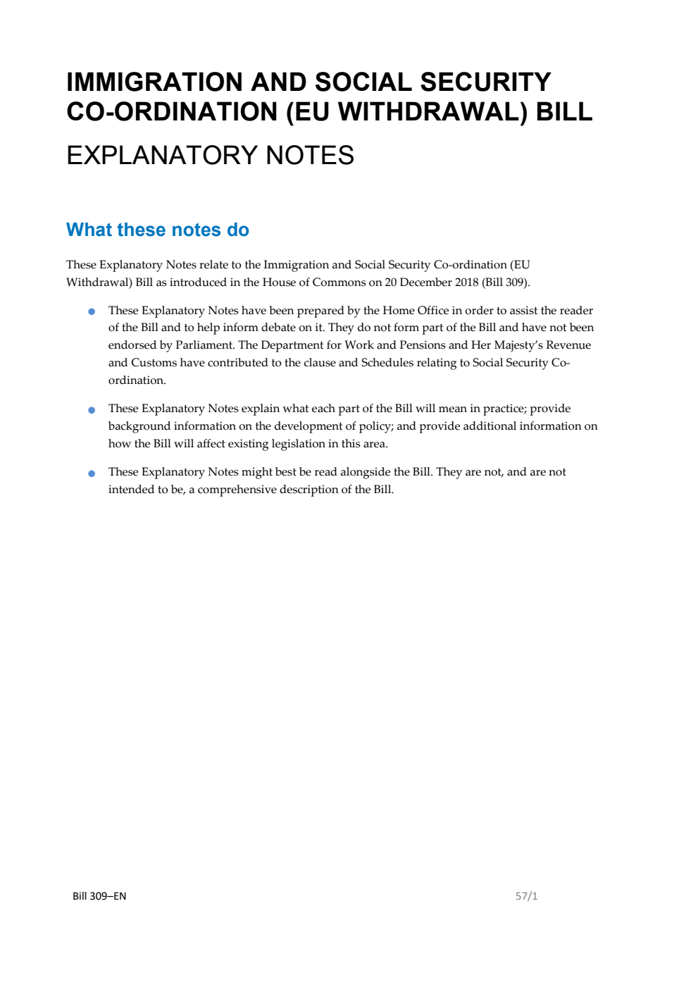 Immigration and Social Security Co-ordination (EU Withdrawal) Bill Explanatory Notes