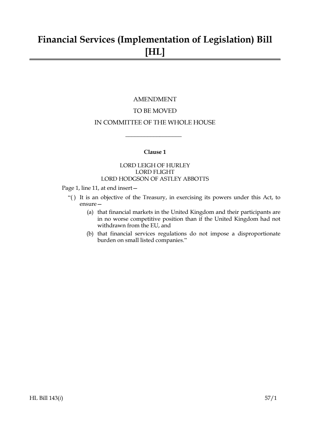 Financial Services (Implementation of Legislation) Bill Amendment to be moved in Committee of the Whole House