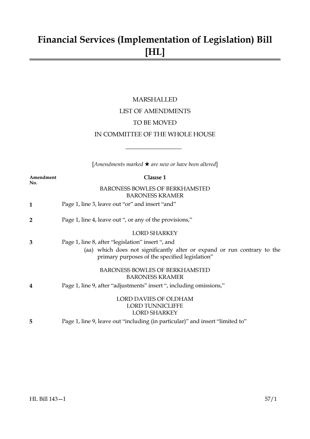 Financial Services (Implementation of Legislation) Bill Marshalled List of Amendments to be moved in Committee of the Whole House