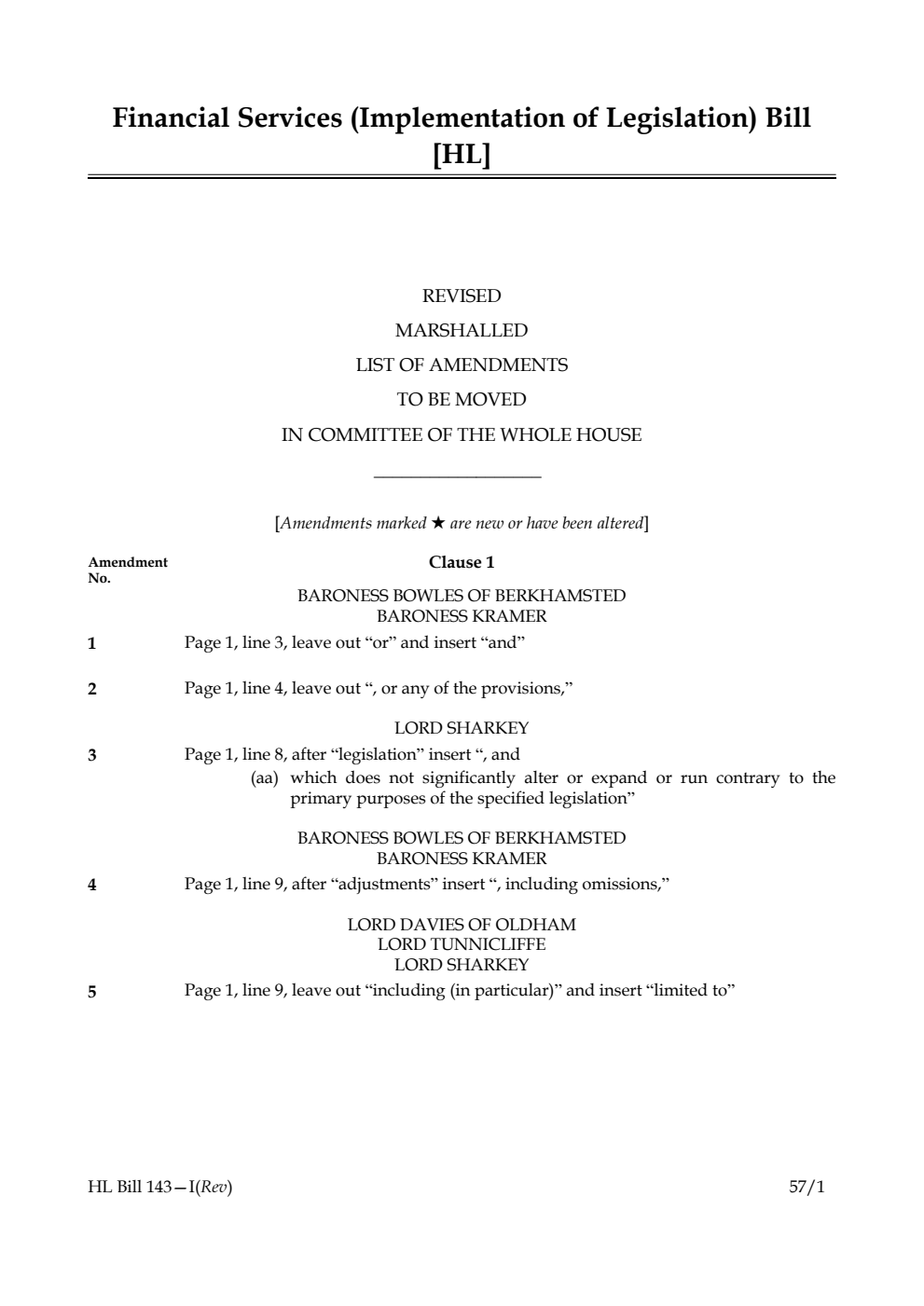 Financial Services (Implementation of Legislation) Bill Revised Marshalled List of Amendments to be moved in Committee of the Whole House