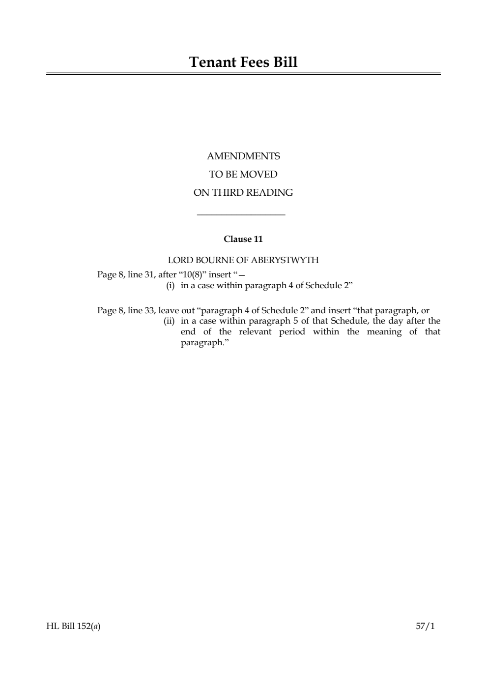 Tenant Fees Bill Amendments to be moved on third reading