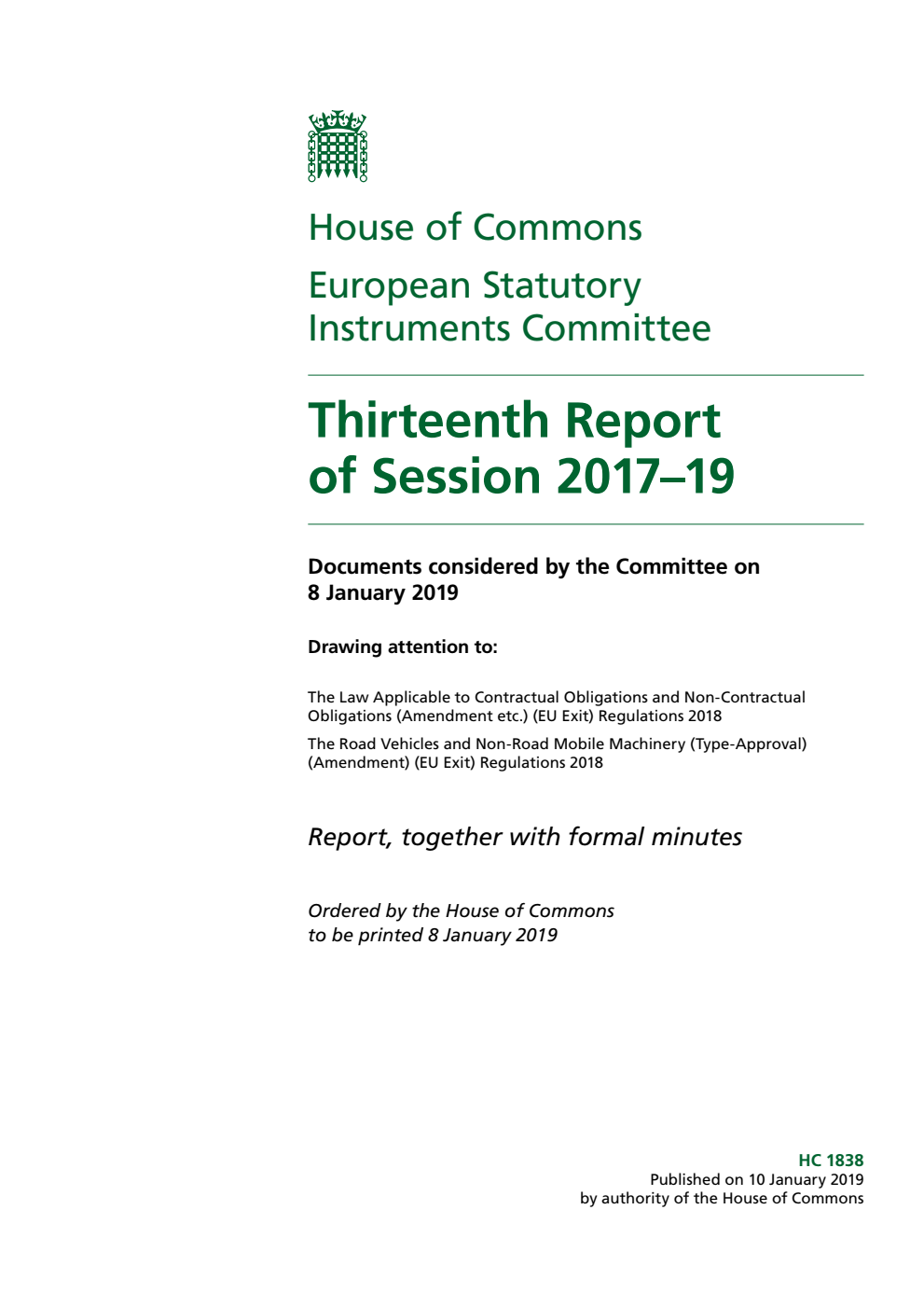 European Statutory Instruments Committee 13th Report of Session 2017-19