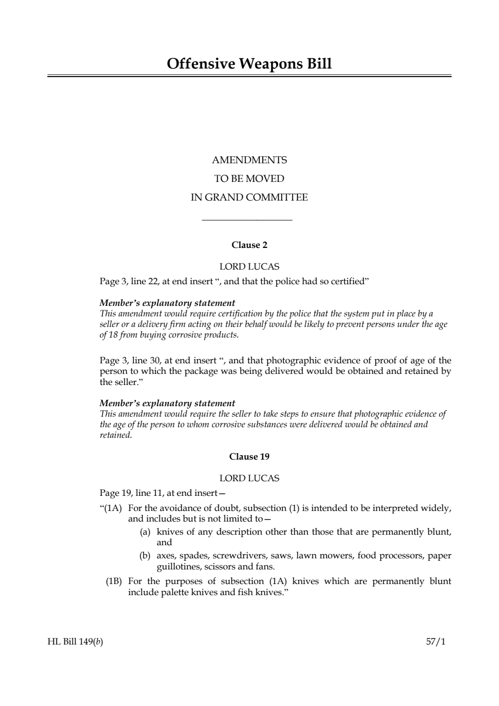 Offensive Weapons Bill Amendments to be moved in Grand Committee