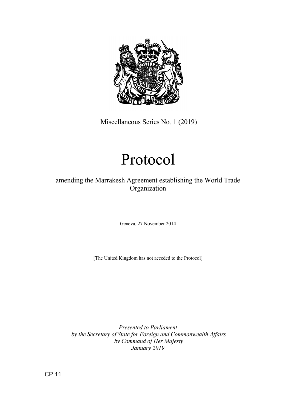 Miscellaneous Series No. 1 (2019) Protocol amending the Marrakesh Agreement establishing the World Trade Organization. Geneva, 27 November 2014